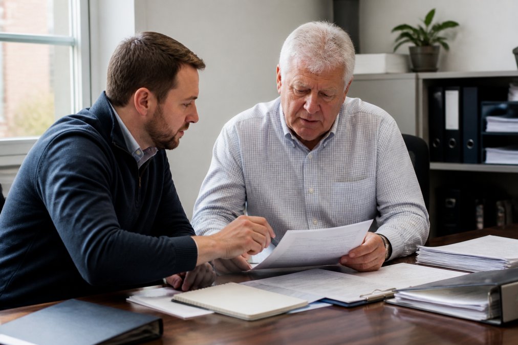 A property manager and landlord reviewing HMO compliance documents together at a professional office desk, with natural daylight and paperwork spread across the table