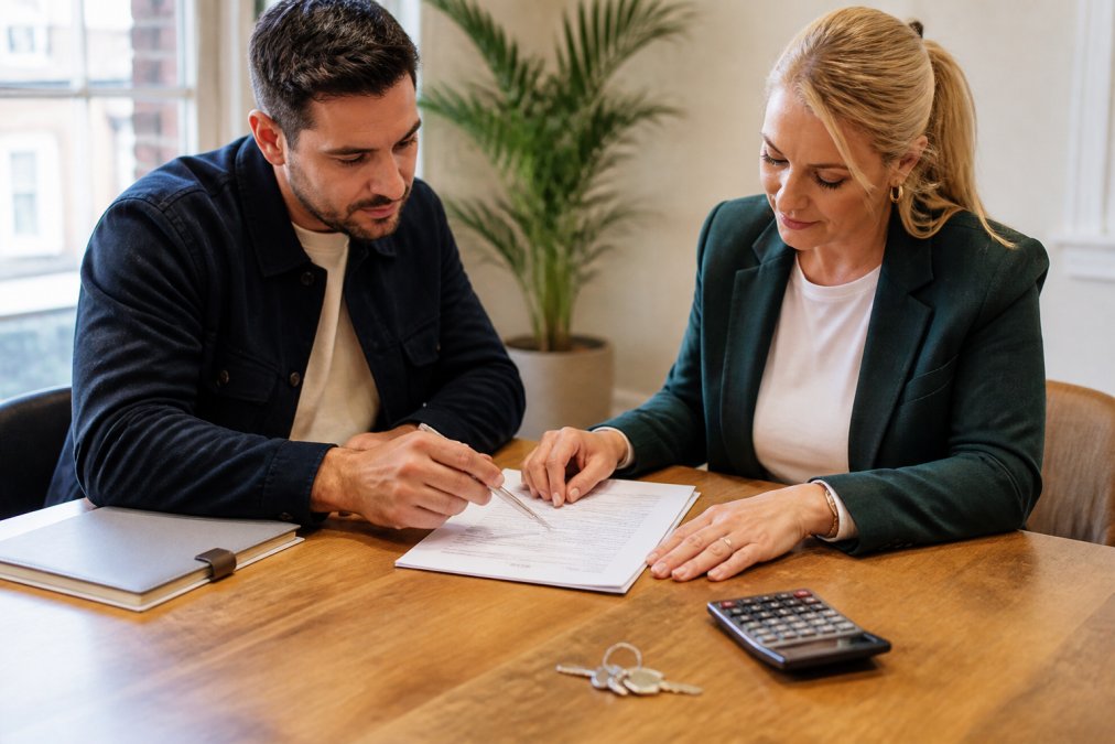 A landlord and a property manager reviewing a long-term lease contract at a desk, with a house key and a calculator nearby, in a bright office setting