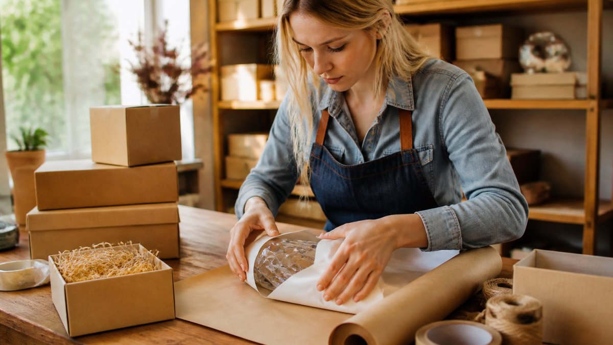 A person carefully wrapping a custom engraved keepsake at a wooden workbench, with shipping boxes and packing materials visible in a warm home workshop
