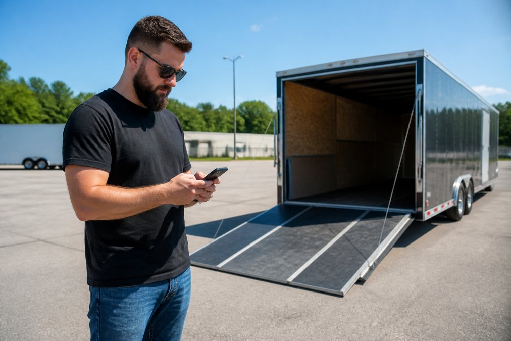A person on a smartphone confirming a trailer rental reservation while standing next to an open car hauler trailer in a parking lot on a sunny day