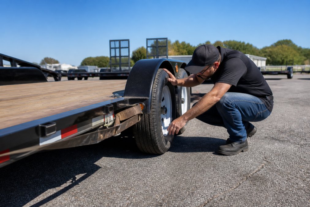 A mechanic crouching beside an open utility trailer, closely inspecting the wheel and tie-down straps in a well-lit parking lot before a rental pickup