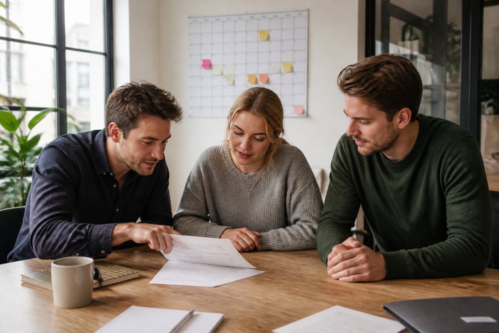Three startup founders gathered around a laptop in a bright modern office, one pointing at a printed application document, a wall calendar with marked dates visible behind them