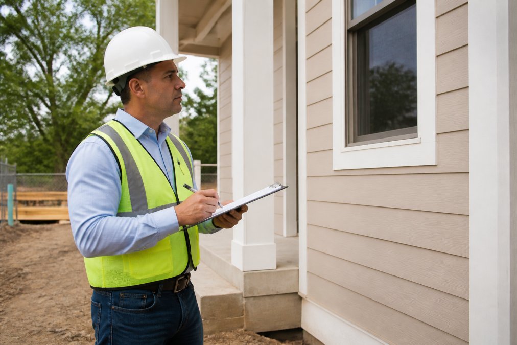 Contractor in hard hat holding clipboard reviewing residential construction site, inspecting finished work with focused attention to detail and documentation