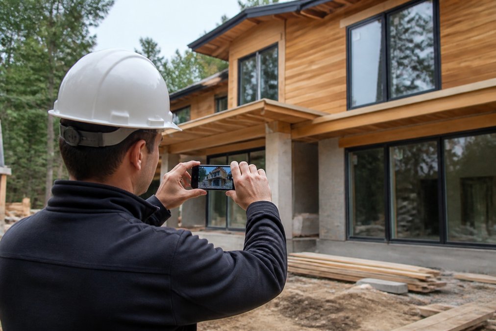 Construction supervisor photographing completed work on mobile device for digital documentation, capturing details of finished surfaces and progress tracking on modern residential construction site