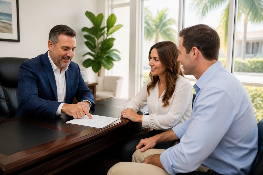 A friendly insurance agent sitting across a desk from a Florida couple, reviewing policy documents together in a bright, professional office with natural light streaming through large windows
