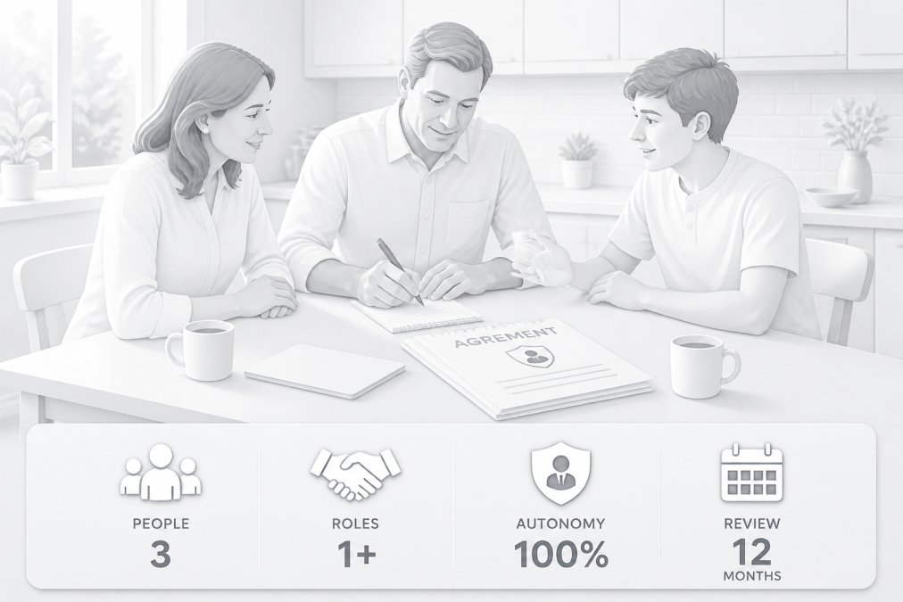 Family of three sitting together at a kitchen table discussing documents, with an adult writing notes and a younger family member engaged in the conversation, natural afternoon lighting