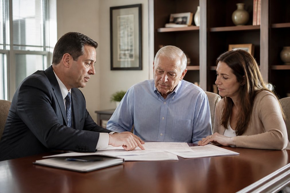 Older adult and adult child meeting with a professional advisor in an office, reviewing paperwork and legal documents together, professional lighting