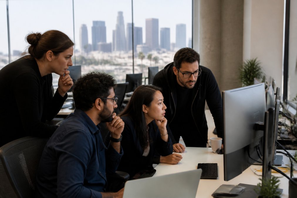 A team of IT security professionals in a modern Los Angeles office looking at a large monitor displaying complex security dashboards