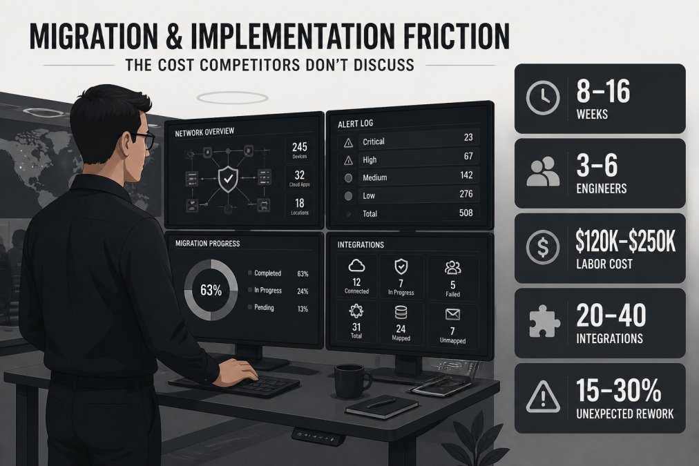 IT security engineer at a standing desk reviewing multiple monitors showing network dashboards and alert logs in a modern operations center, warm overhead lighting, focused expression, professional environment