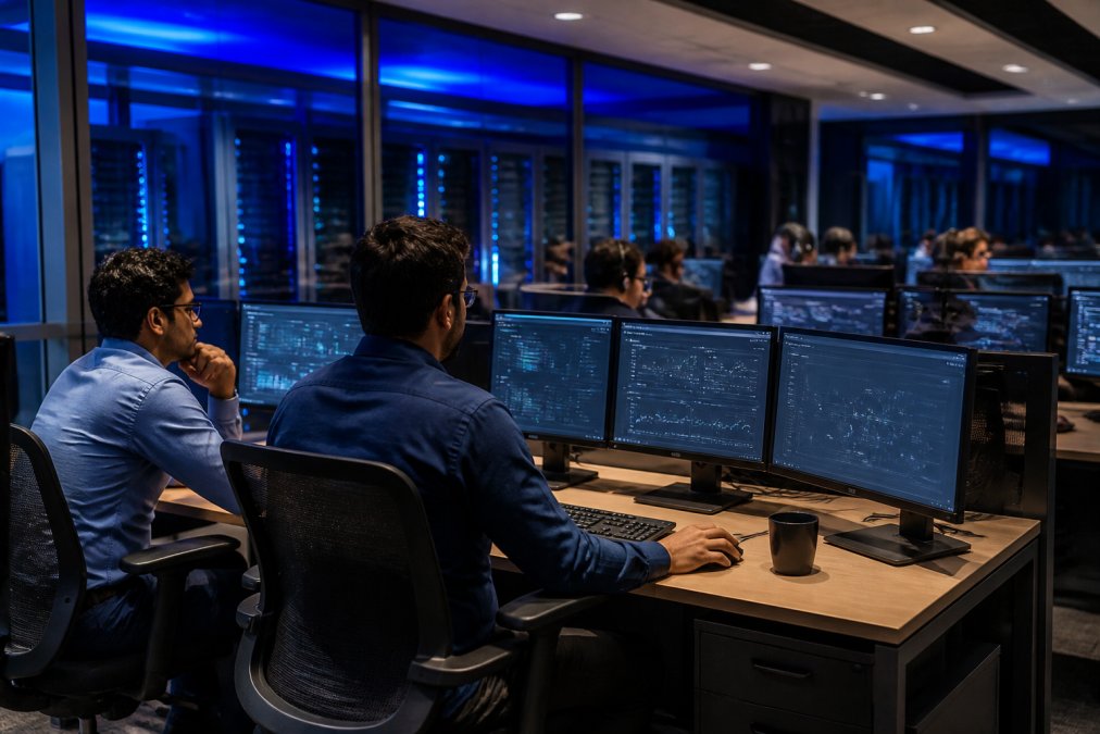 Security operations center with multiple monitors displaying real-time threat alerts and network dashboards, IT team members monitoring security events and incident response metrics in modern facility with blue-tinted ambient lighting