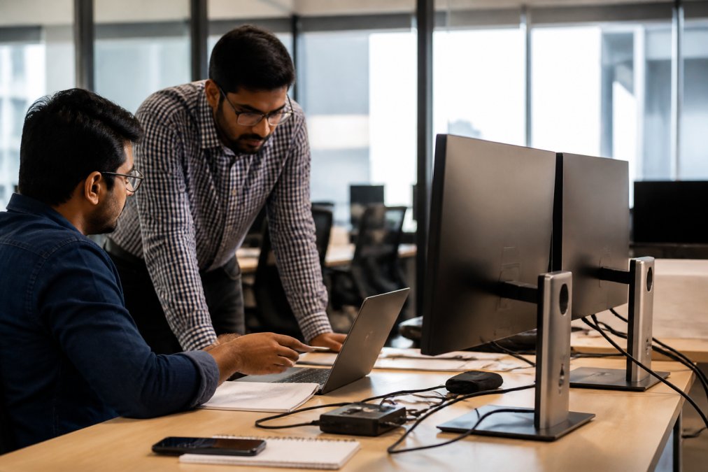 IT director and technical team collaborating at workstation reviewing infrastructure setup documentation, multiple monitors displaying integration workflows and deployment configuration screens in modern corporate office with natural daylight