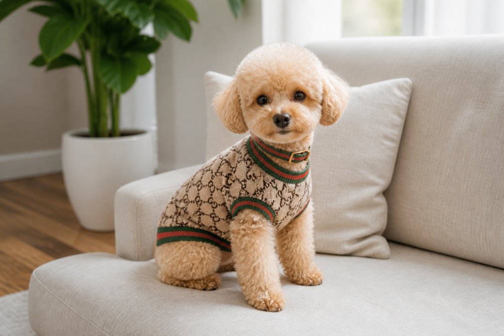 Small dog wearing a knit sweater and matching Gucci dog clothes sitting on a neutral linen sofa in a modern room