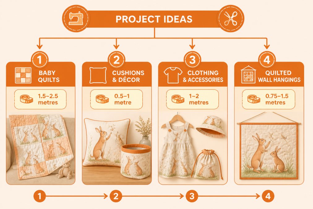 Flowchart showing 4 project categories: Baby Quilts (1.5-2.5 metres), Cushions & Décor (0.5-1 metre), Clothing & Accessories (1-2 metres), Quilted Wall Hangings (0.75-1.5 metres)