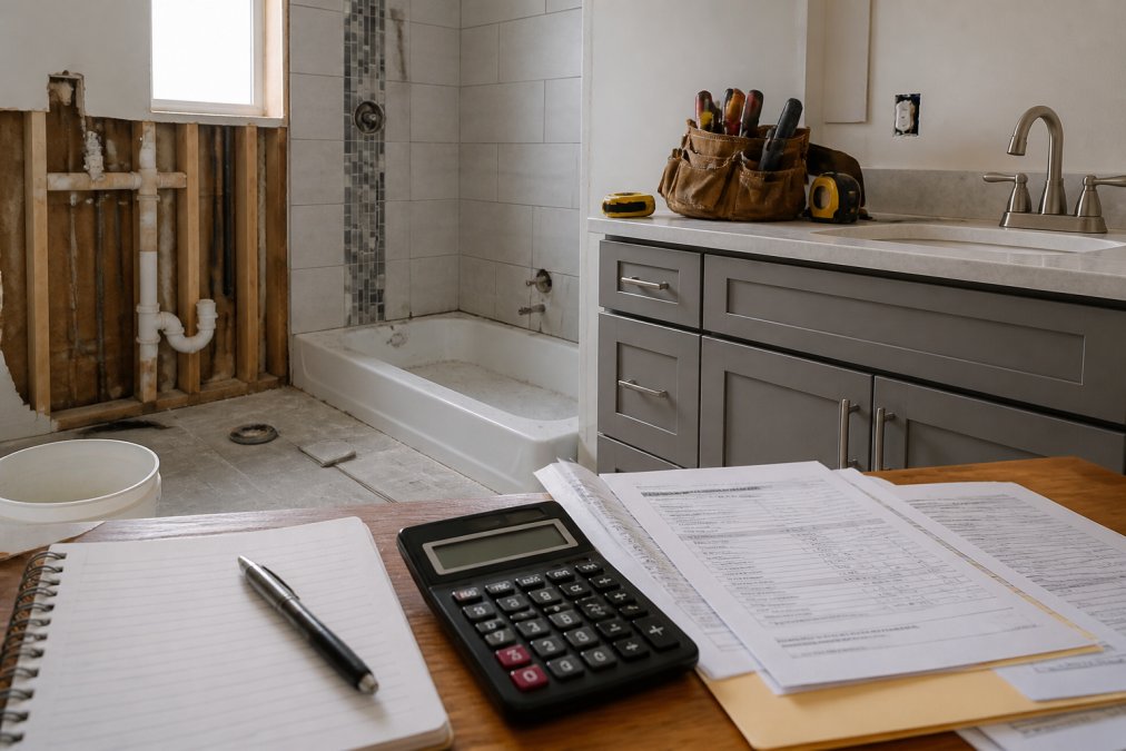 A guest bathroom mid-renovation showing exposed plumbing, tile work in progress, and new vanity installation with contractor tools visible on the counter