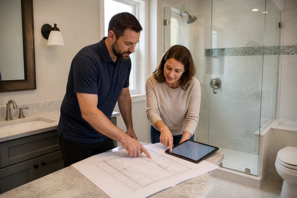 A contractor reviewing renovation plans with a homeowner, both pointing to design details while reviewing a digital quote displayed on a tablet in the bathroom
