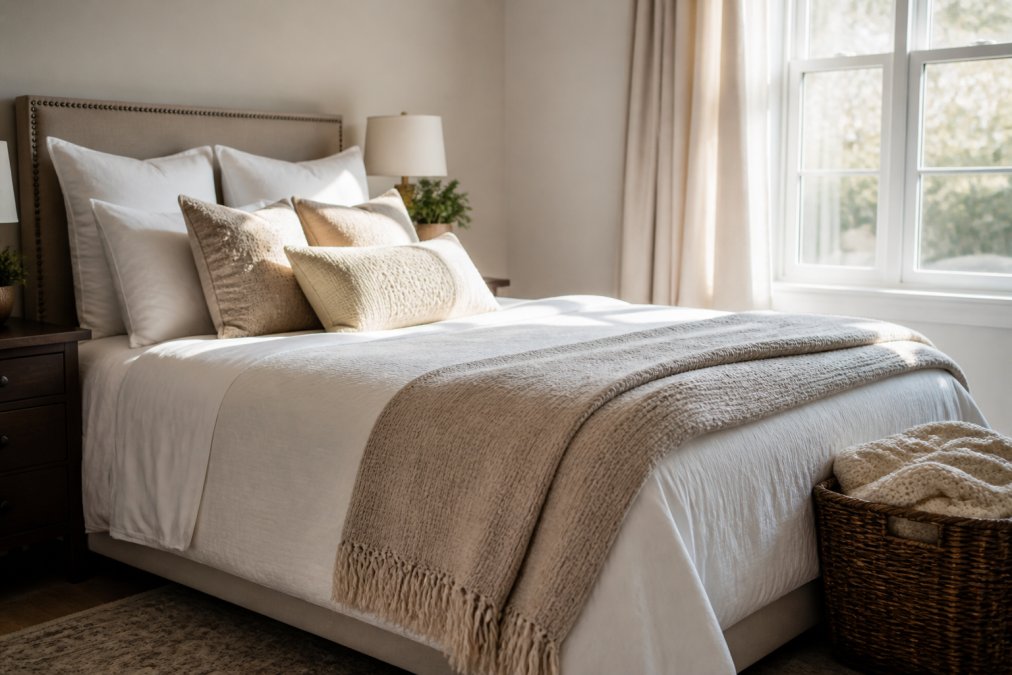 A neatly made guest bed with crisp white sheets, plush pillows in varying heights, and a cosy throw blanket draped over the footboard, with soft morning light streaming through a window