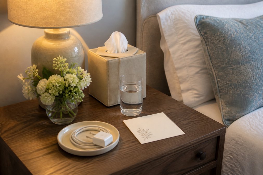 A well-organised bedside table with a ceramic lamp, a full water glass, phone charger neatly coiled, a small vase with fresh flowers, tissues in a holder, and a handwritten welcome note on cream cardstock