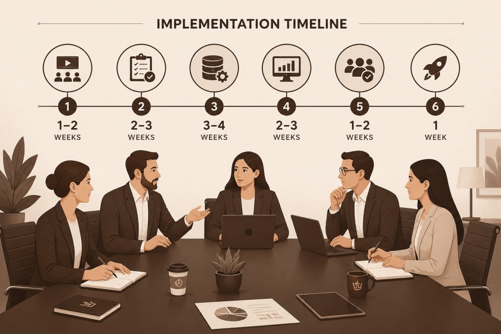 Hotel operations team collaborating around a conference table with laptops and notebooks, planning implementation strategy