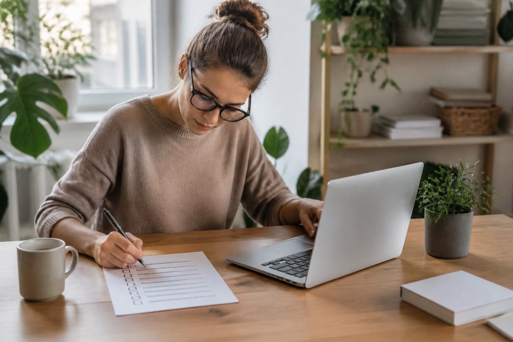Desarrolladora web freelance trabajando en un portátil en un despacho luminoso en casa, con una checklist impresa y una taza de café sobre la mesa, revisando una web recién lanzada