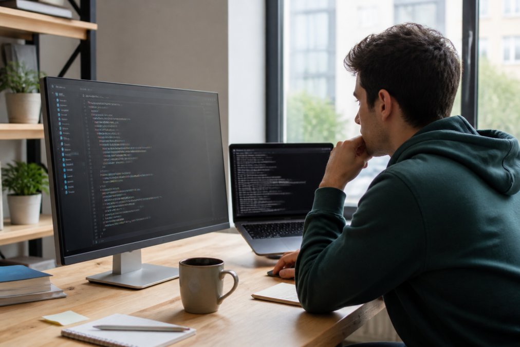 Desarrollador joven concentrado frente a una pantalla de ordenador instalando Python, con código visible en el monitor, terminal abierta, y una taza de café en el escritorio de madera en una oficina luminosa
