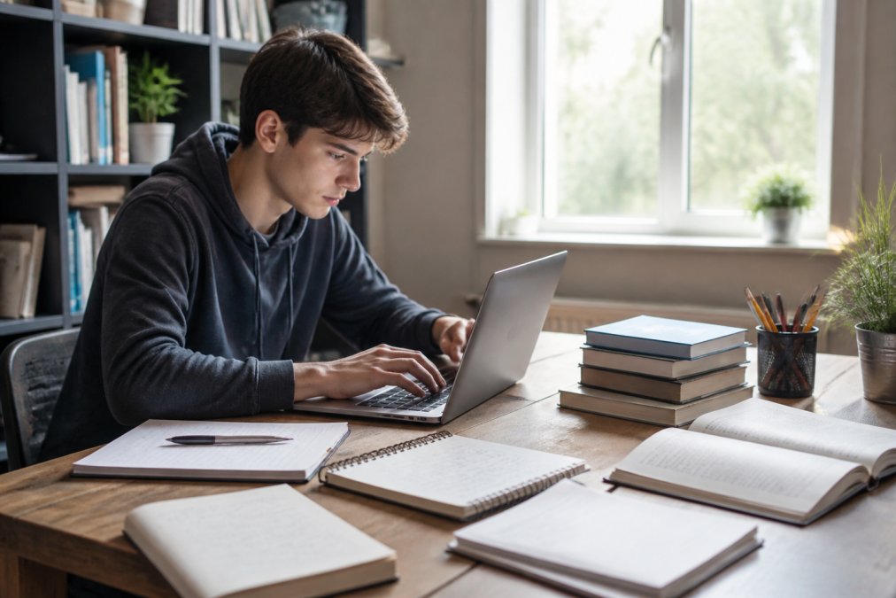 Estudiante concentrado escribiendo código en un portátil con libros de programación y notas esparcidas alrededor, en un espacio de estudio luminoso con luz natural entrando por la ventana
