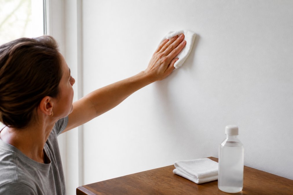 Manos limpiando una pared blanca con un paño húmedo, con una botella de alcohol isopropílico y otro paño seco visibles en una mesa cercana, luz natural de ventana