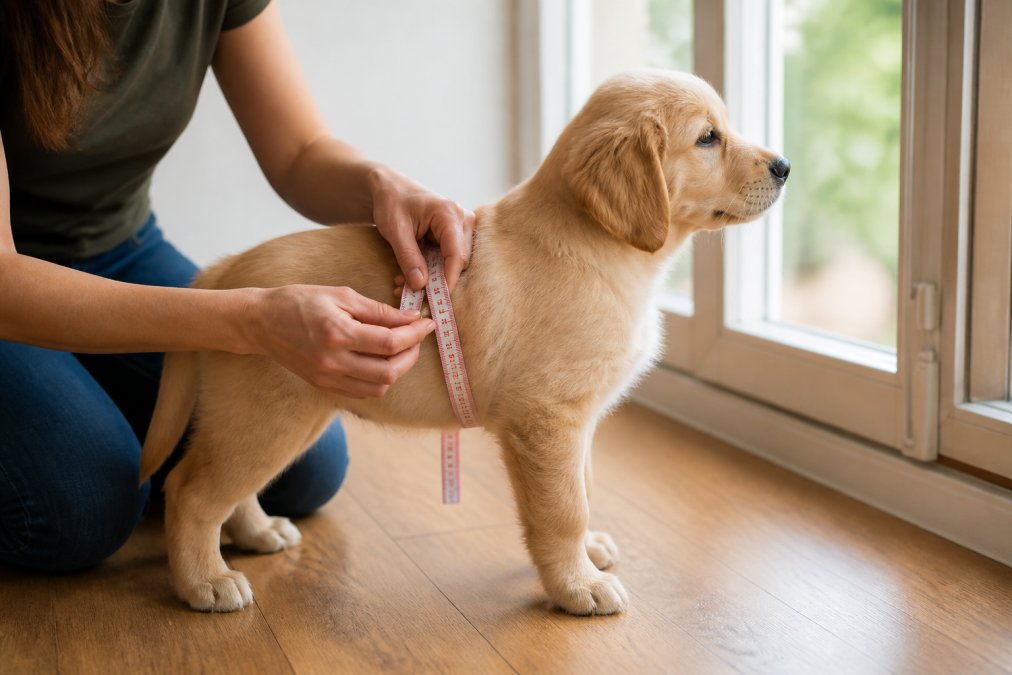 Close-up of a person's hands using a soft measuring tape around the chest of a small golden retriever puppy standing calmly on a wooden floor, natural daylight from a nearby window