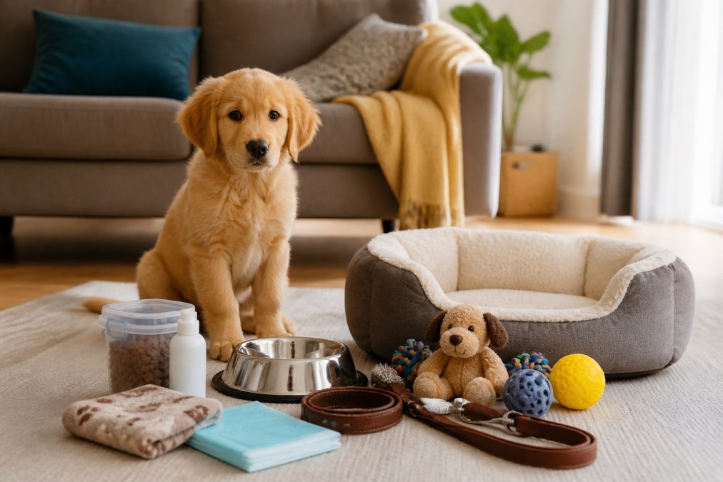 A cozy living room scene with a new puppy sitting next to a neatly arranged pile of pet supplies including a food bowl, leash, toys, and a soft bed, warm natural light