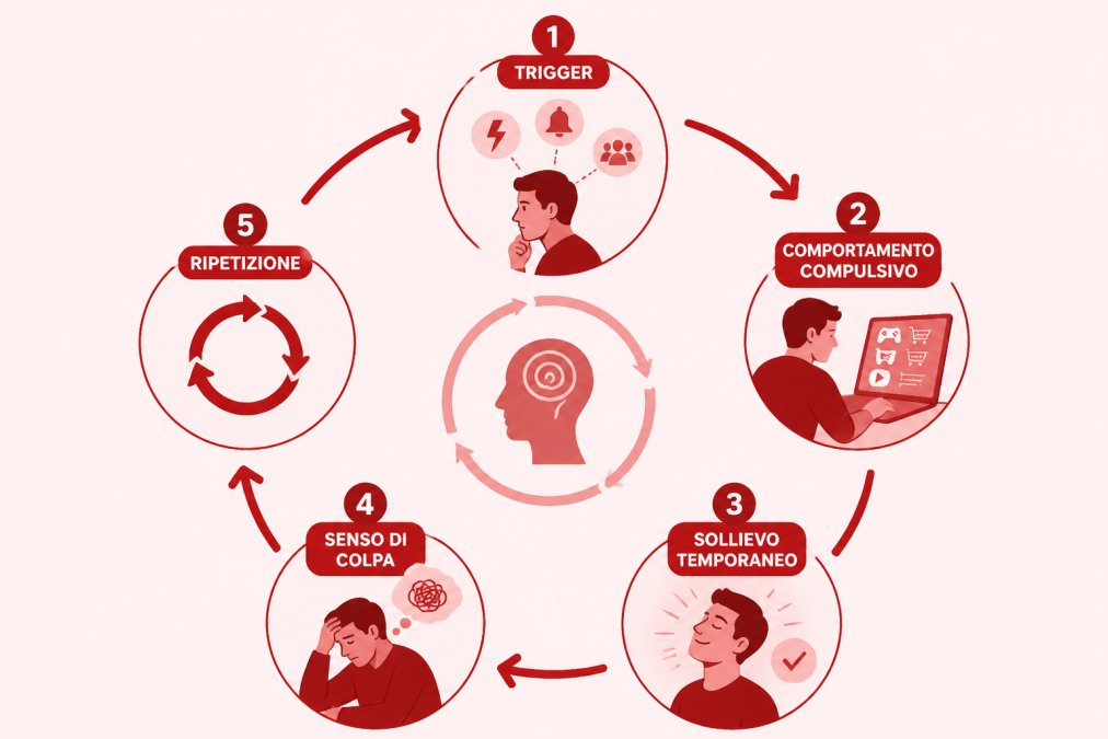Diagramma del ciclo della dipendenza comportamentale: trigger emotivo, comportamento compulsivo, sollievo temporaneo, senso di colpa, ripetizione del ciclo