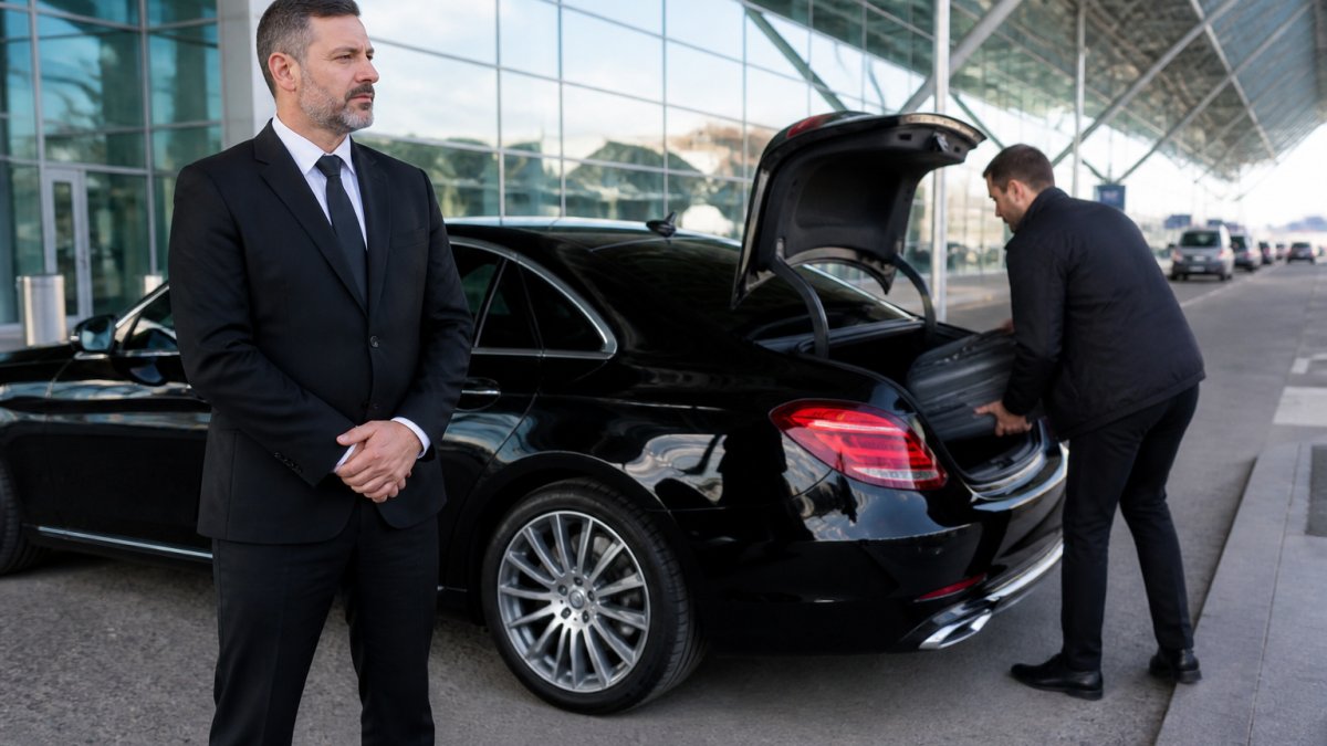 Professional driver in business attire standing beside a clean sedan at airport departure zone, luggage being loaded into trunk, morning light