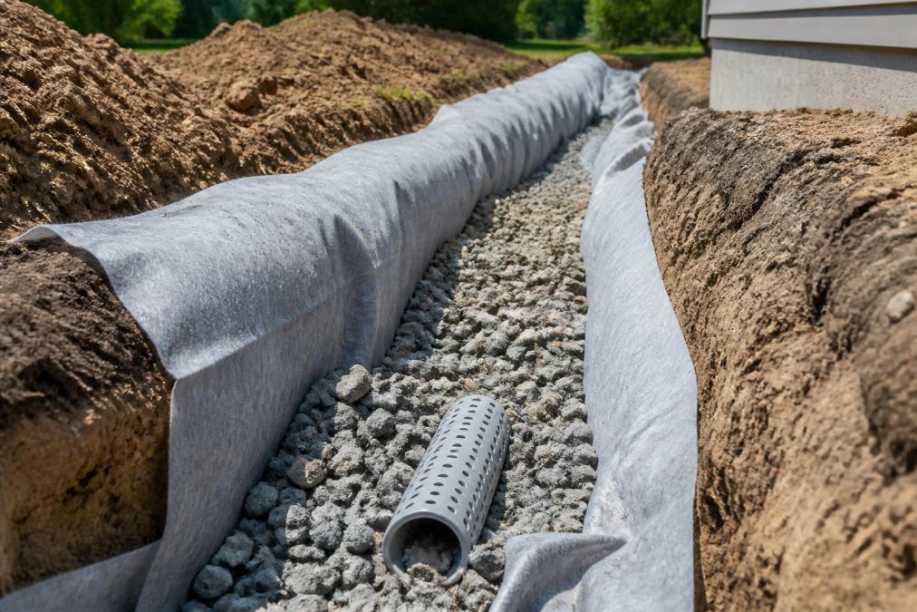 Installation d'un tuyau perforé entouré de gravier et géotextile pour un système de drains français efficace.