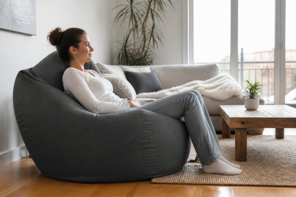 Personne assise confortablement sur un beanbag ergonomique dans un salon lumineux, montrant une bonne posture dorsale avec un soutien lombaire visible au niveau des reins