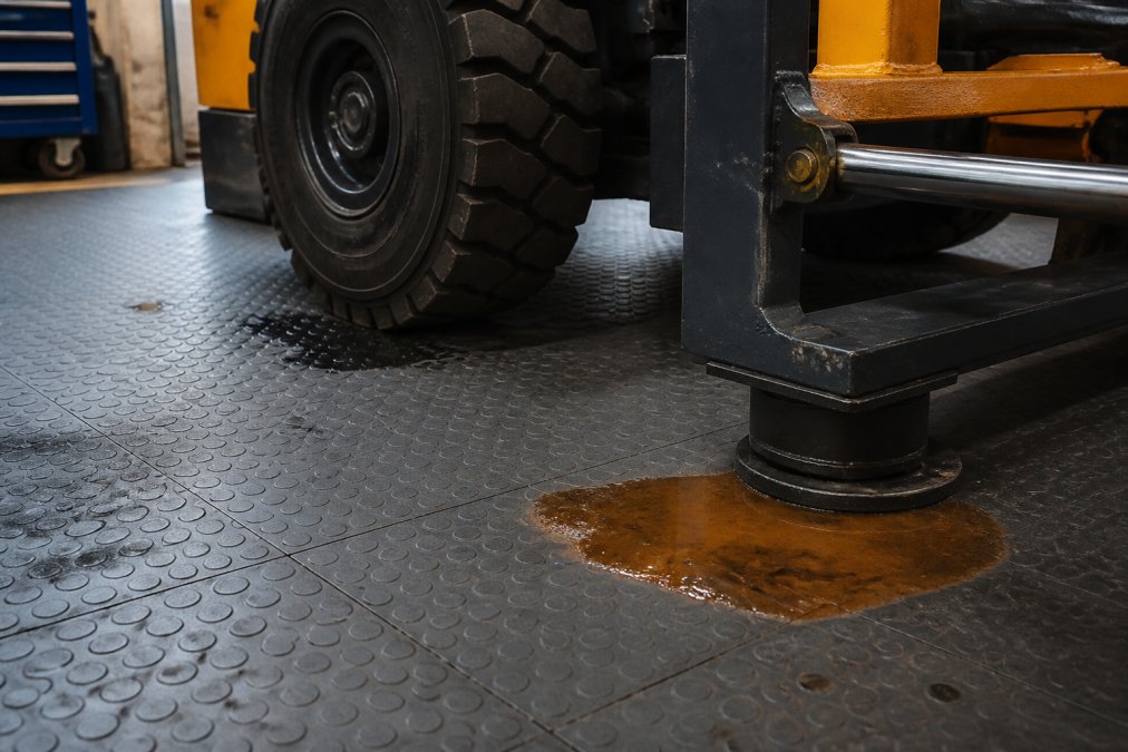 Guide til valg af erhvervsgulv: Alt hvad du skal vide 3 Værkstedsgulv med robuste PVC-fliser under tungt industrielt udstyr, der viser kemikalieresistens og holdbar konstruktion under belastning