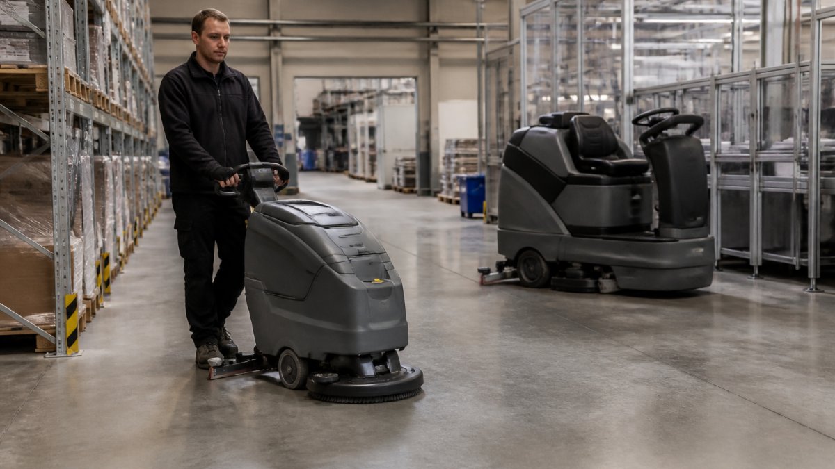 Driftsmedarbejder bruger gå-bag-gulvvaskemaskine til gulvvask i industrien med en siddemodel parkeret bagved.