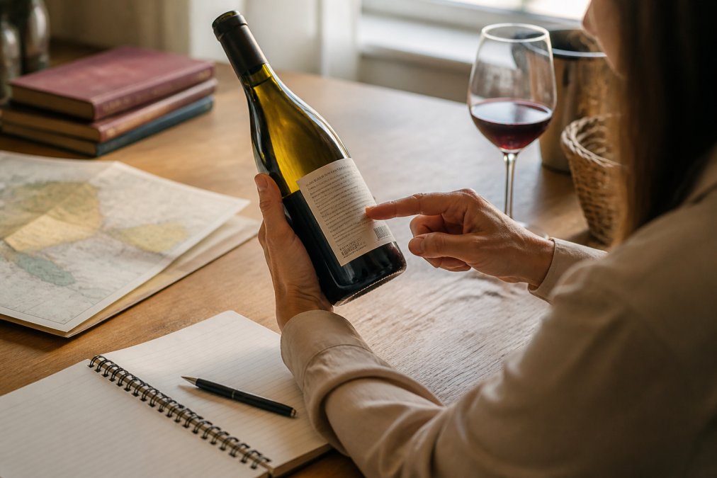 En person som håller en vinflaska mot ljuset och pekar på baksidesetiketten, med en anteckningsbok och penna på bordet framför sig