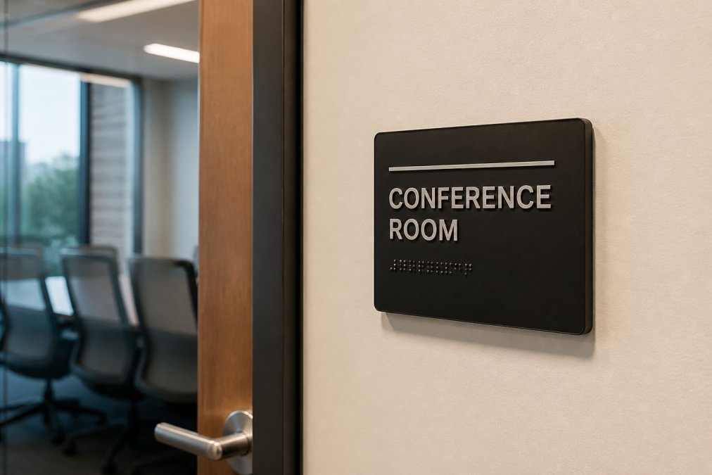 Close-up of a properly mounted ADA office door sign with raised tactile characters and Braille dots, installed beside a conference room door at the correct height, with soft overhead office lighting illuminating the sign surface
