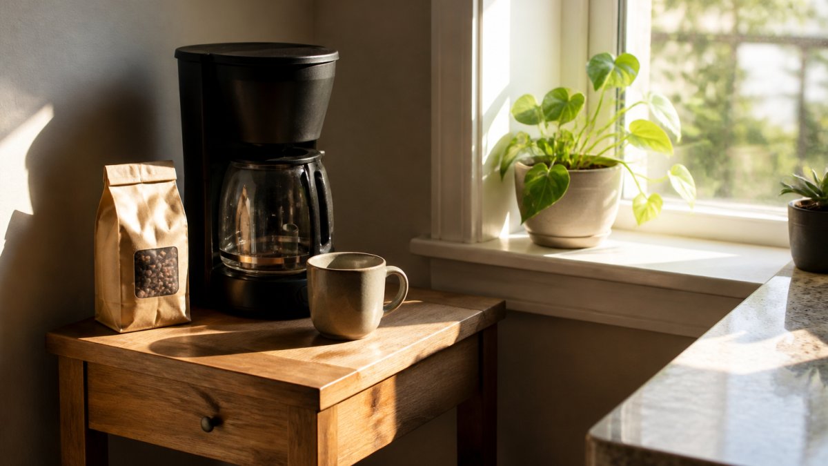 A sunlit kitchen corner with a small wooden side table holding a drip coffee maker, a ceramic mug, and a bag of coffee beans, with a window casting warm morning light across the counter