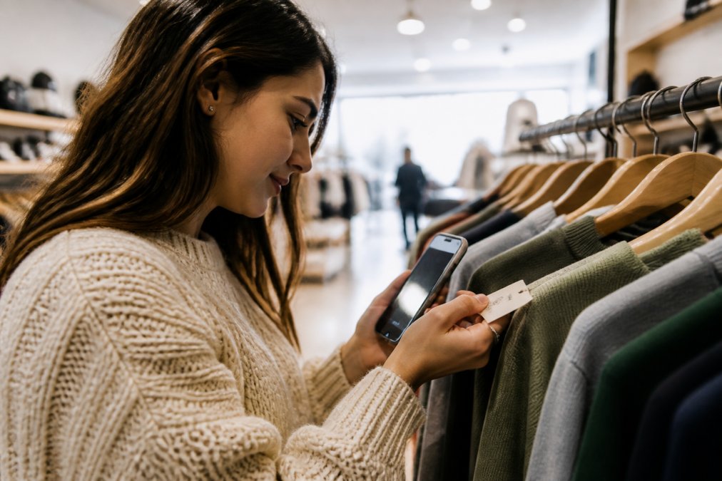 A young woman in a cozy sweater examining a clothing tag in a bright retail store, holding a smartphone with a certification lookup page visible on screen