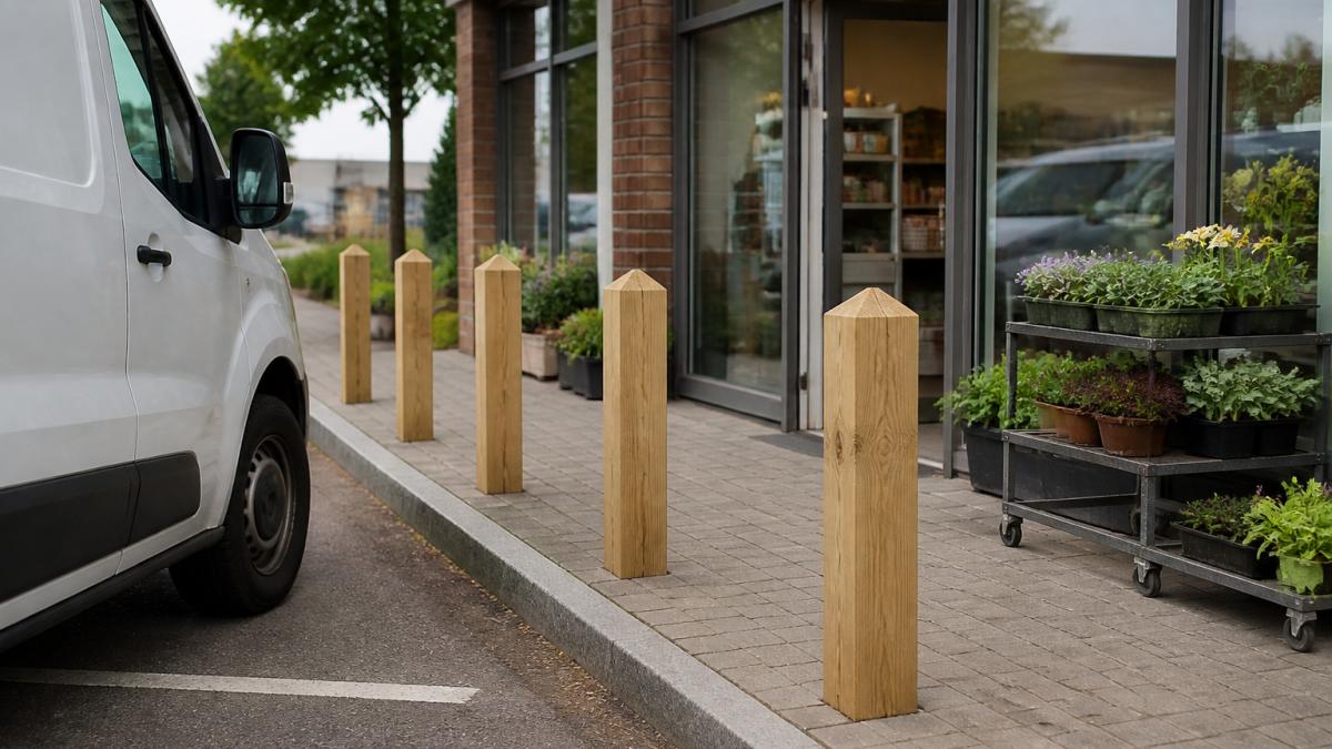 A row of solid oak timber bollards with pyramid tops marking the edge of a paved pedestrian area outside a small shop front, with clear gaps between each post for pedestrians and a delivery van parked nearby