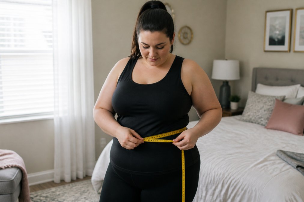 A woman comfortably measuring her waist with a soft measuring tape in a bright bedroom, wearing a fitted top and leggings