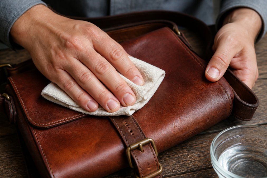 Close-up of hands gently wiping a vegetable tanned leather bag with a soft damp cloth, showing the natural grain and rich color of the leather developing character