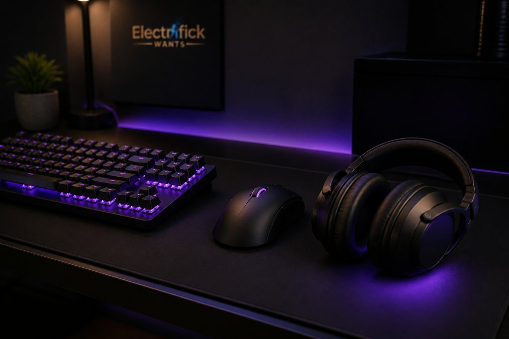 Mechanical keyboard, mouse, and headset with purple lighting as matching gaming peripherals on a dark desk.