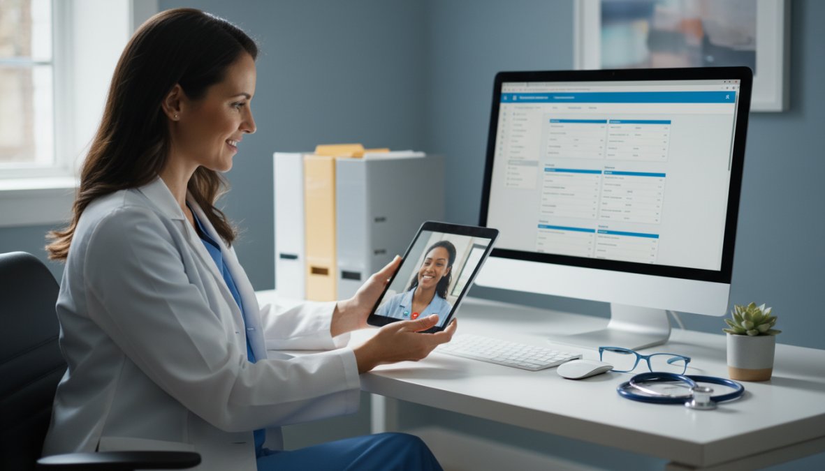 A physician using a tablet to conduct a telehealth video consultation in a clean clinical office environment, with a computer screen showing a patient portal in the background, bright overhead lighting