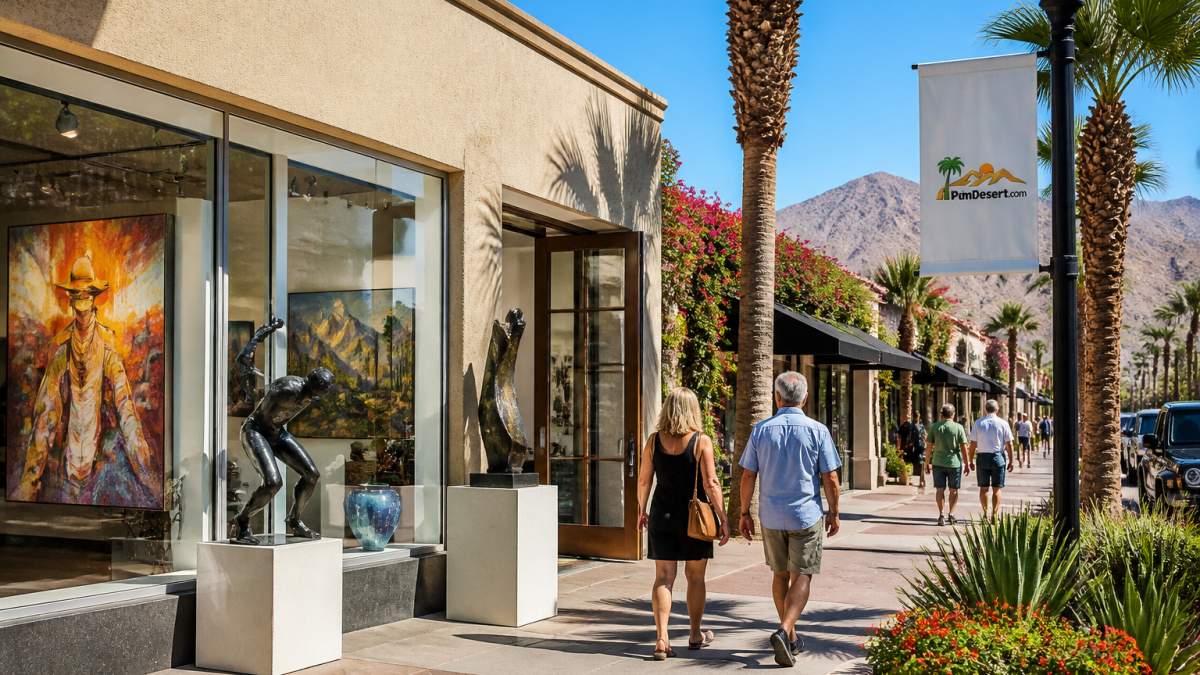 Pedestrians stroll past galleries showcasing palm desert art along a sunny, palm-lined El Paseo shopping street.