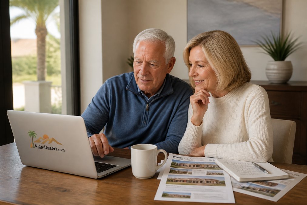 Mature couple reviewing vacation rental listing on laptop with printed property details and notes on table beside them