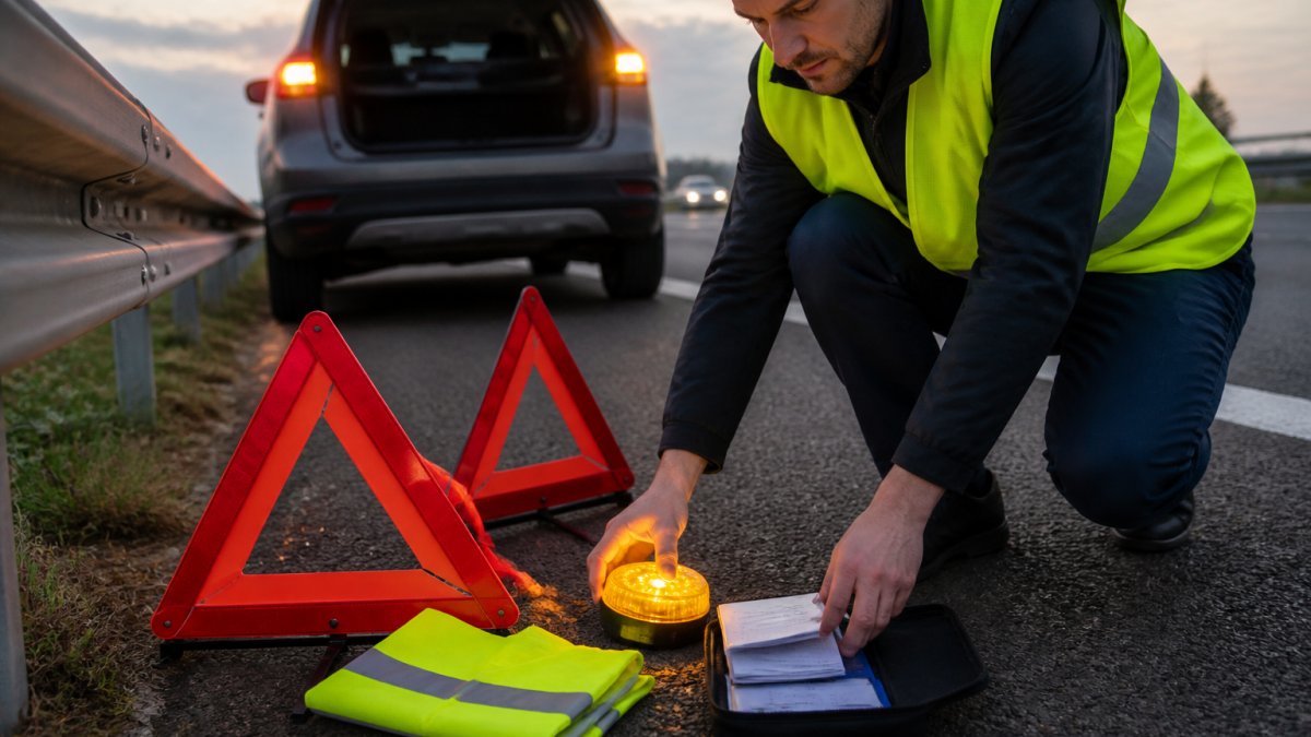 Guide to Spanish Vehicle Safety Regulations 2026 Professional laying out emergency equipment for Spanish vehicle safety regulations on a motorway verge.