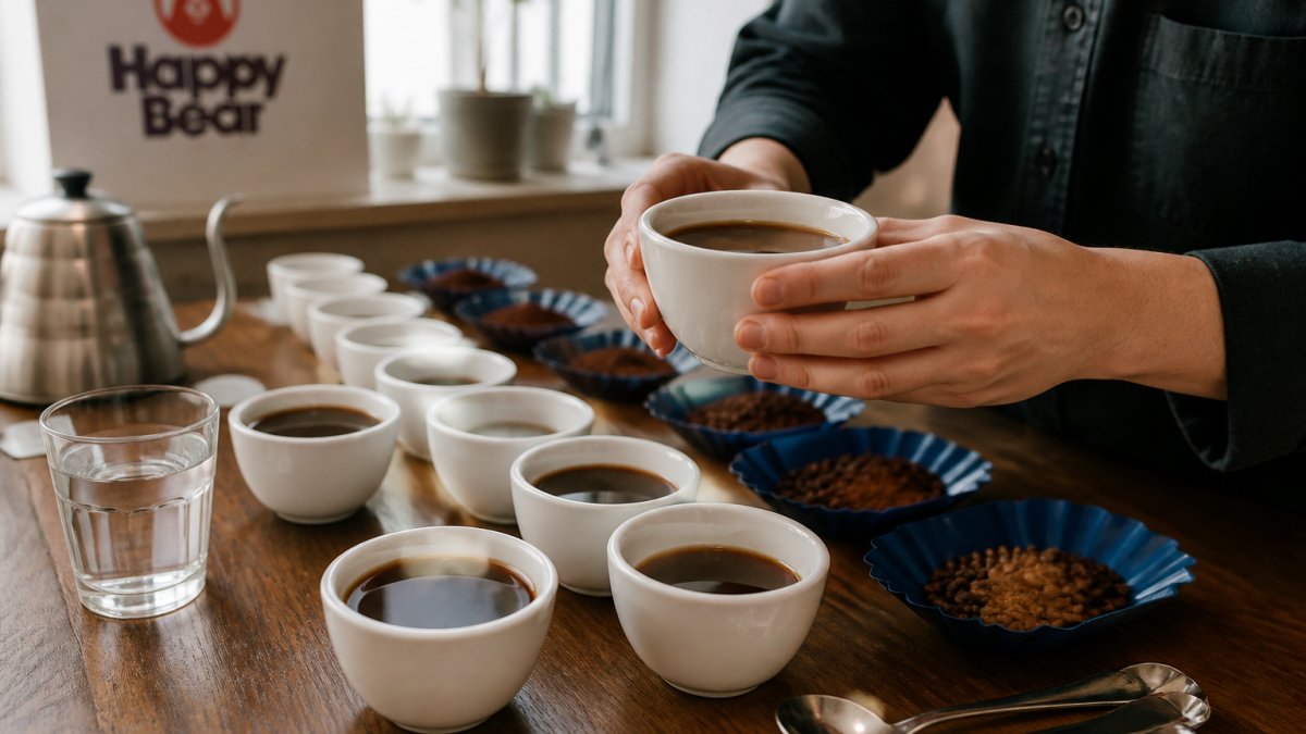 Close-up of hands holding a white ceramic cupping bowl filled with dark coffee, with multiple coffee samples arranged on a wooden table beside tasting spoons, showing the professional sensory evaluation setup in natural window lighting
