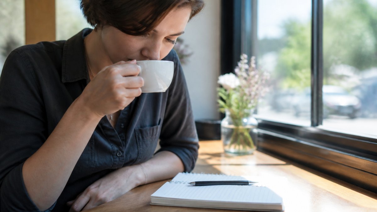 Person holding a white coffee cup close to their nose to smell the aroma, with a tasting notebook and pen visible on a wooden table beside the cup, natural morning light streaming through a window