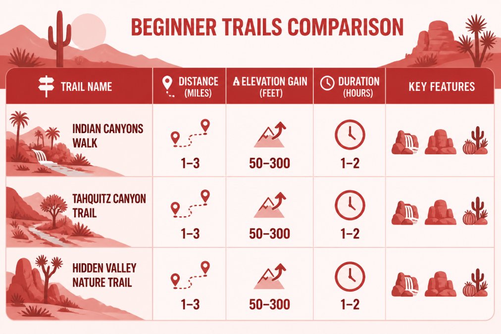 Matrix chart showing beginner trails: Trail Name, Distance (1-3 miles), Elevation Gain (50-300 feet), Duration (1-2 hours), Key Features (water features, rock formations, native vegetation)