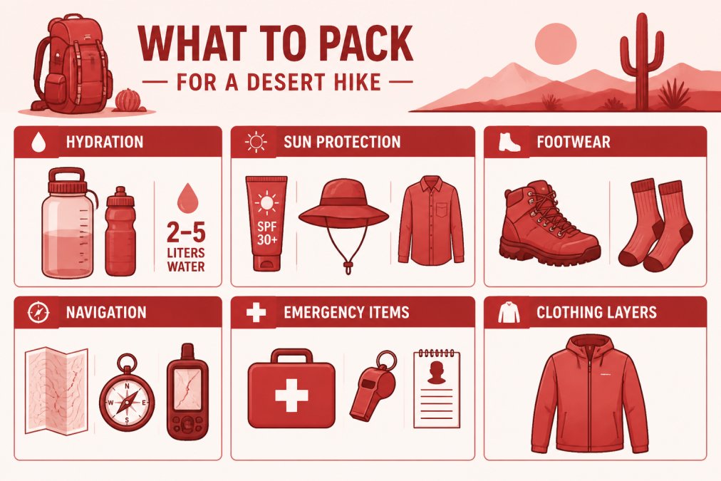Packing checklist diagram organized by category: Hydration (2-5 liters water), Sun Protection (SPF 30+ sunscreen, wide-brimmed hat, long sleeves), Footwear (hiking boots, moisture-wicking socks), Navigation (map, compass or GPS), Emergency Items (first aid kit, whistle, emergency contact info), Clothing Layers (lightweight jacket for temperature drops)